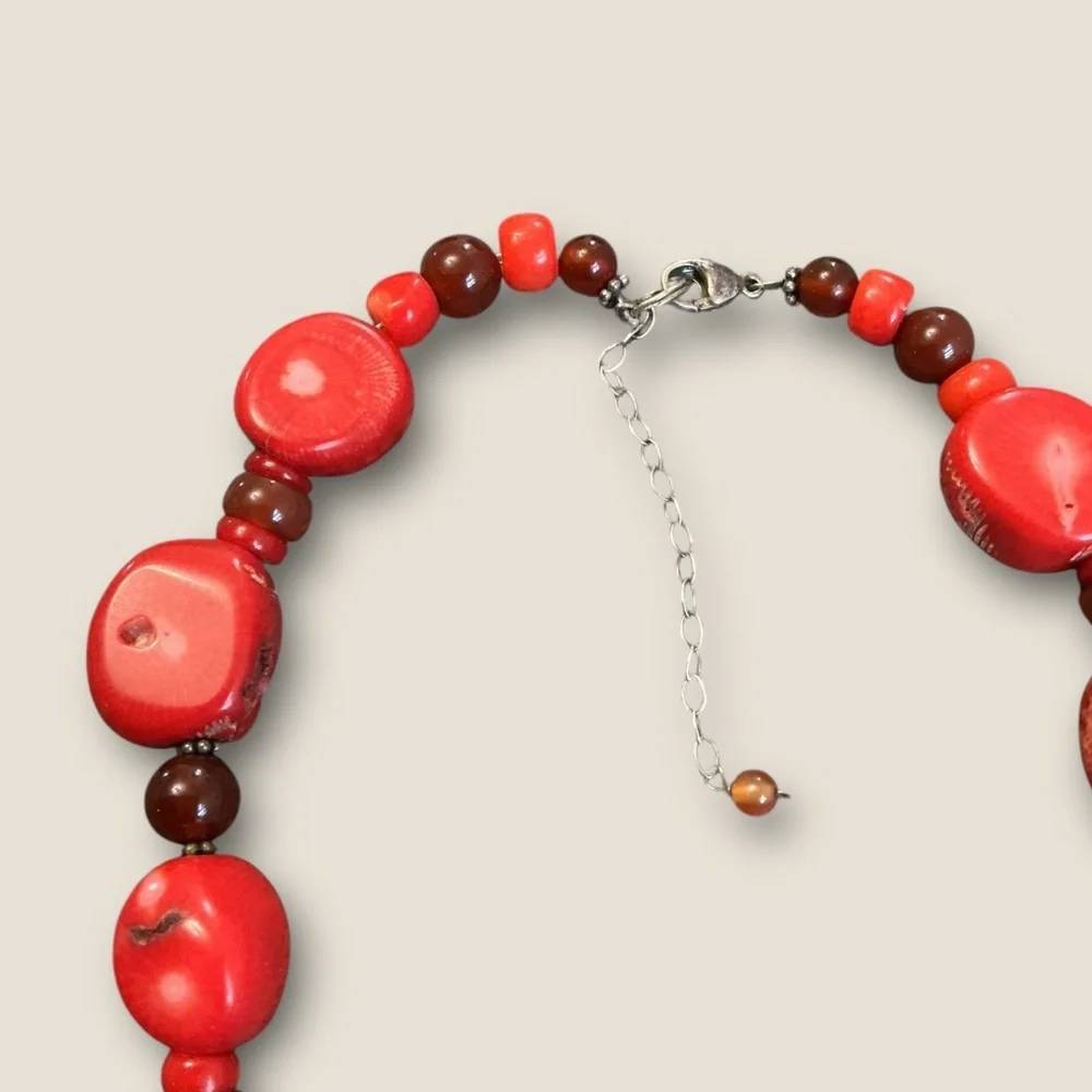 Vintage Artisan Red Dyed Coral Chunky Statement Sterling Silver Necklace